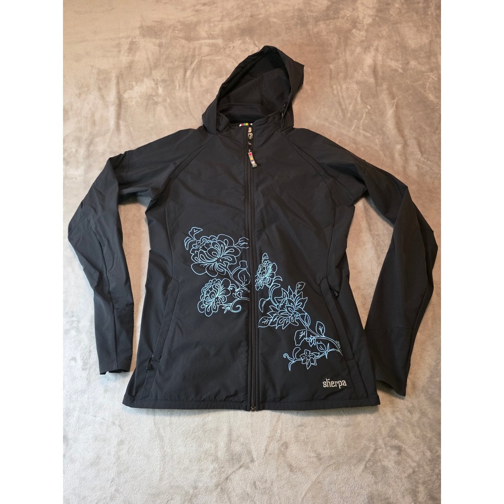 Sherpa Adventure Gear Hooded Jacket Womens Large Black Blue Floral Softshell
